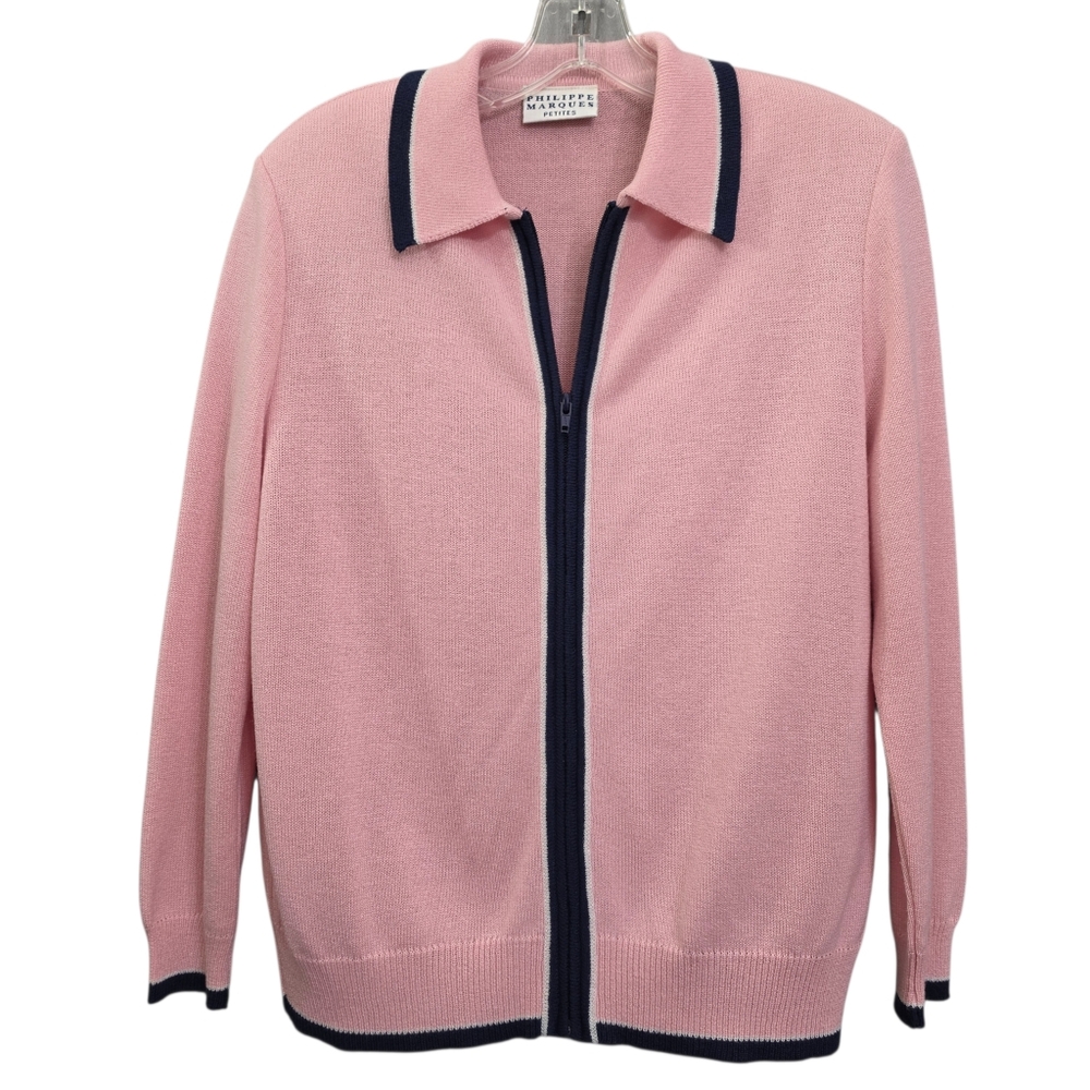 Vintage 80's Philippe Marques Preppy Pink Longsleeve Zip Front Collared Cardigan